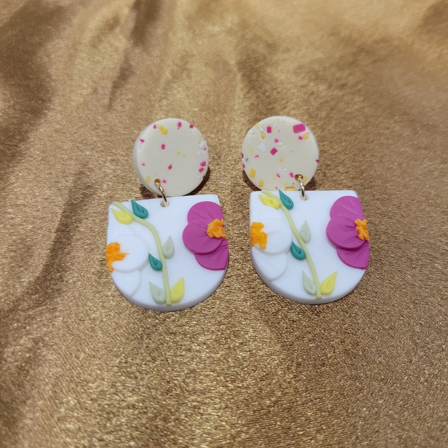 White & Pink Floral Clay Earrings