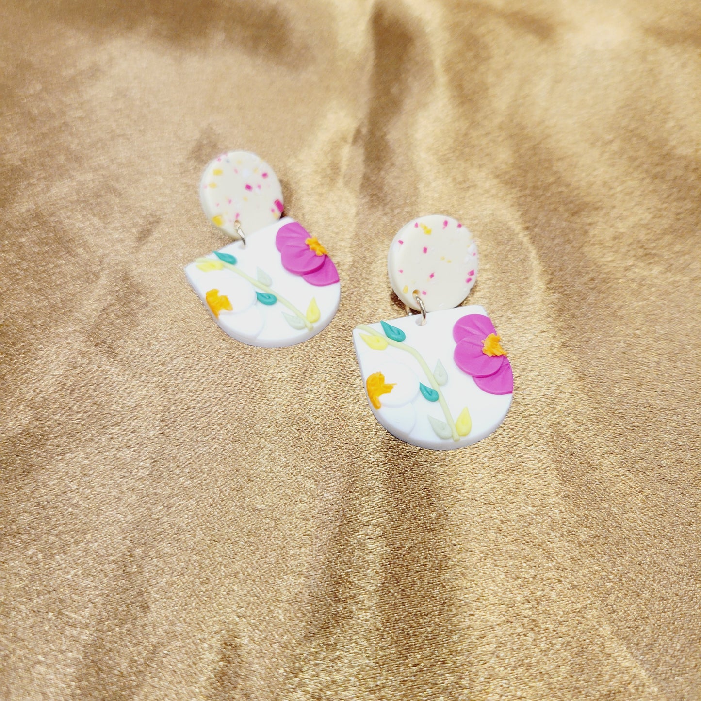 White & Pink Floral Clay Earrings