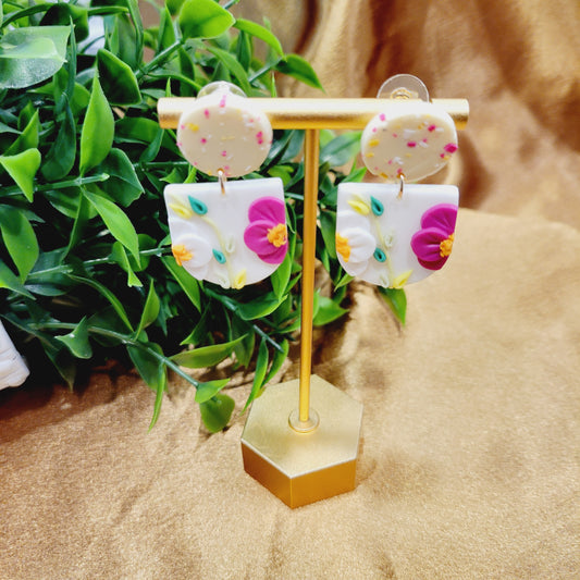 White & Pink Floral Clay Earrings