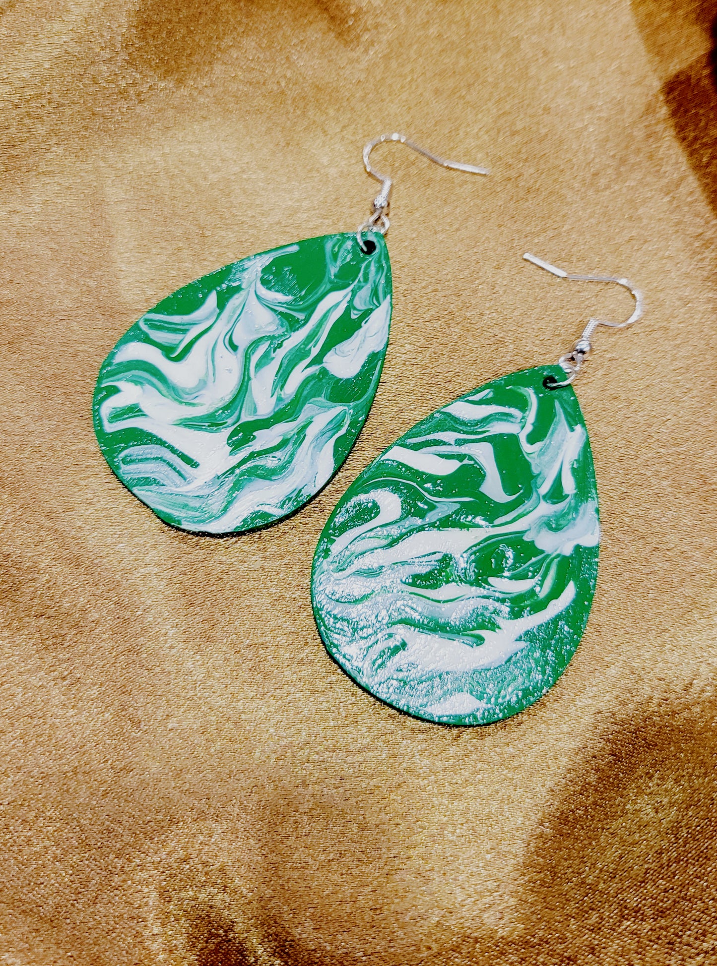 Hand Painted Earrings Green & White Swirl Design