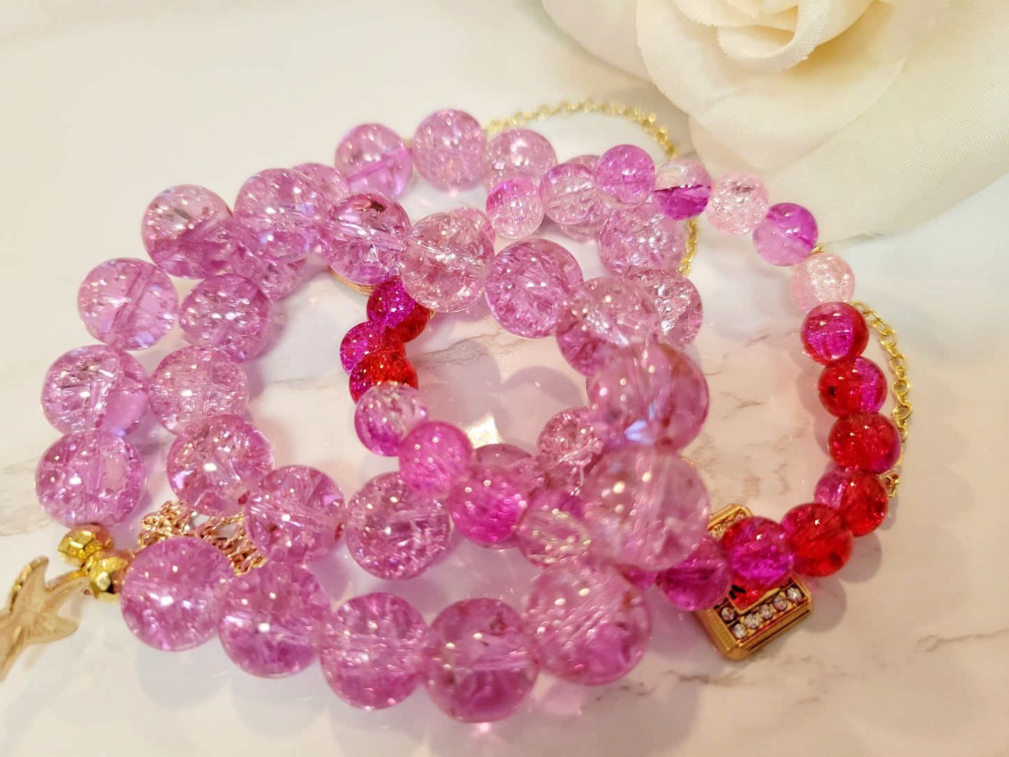 Glass Bead Bracelet Set/ Pink